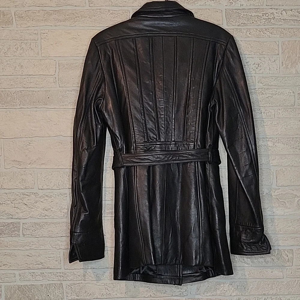 ROSLEEN Mid Length Soft Leather Jacket Belted Buttons - Picture 2 of 15